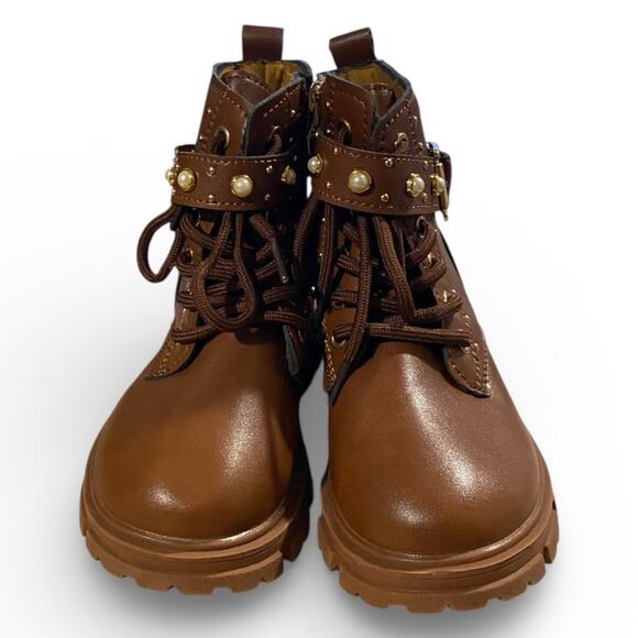 Inmuld Toddler Girls Combat Boots 12 Brown Lace Up Pearl Buckle Winter Snow - Picture 3 of 7
